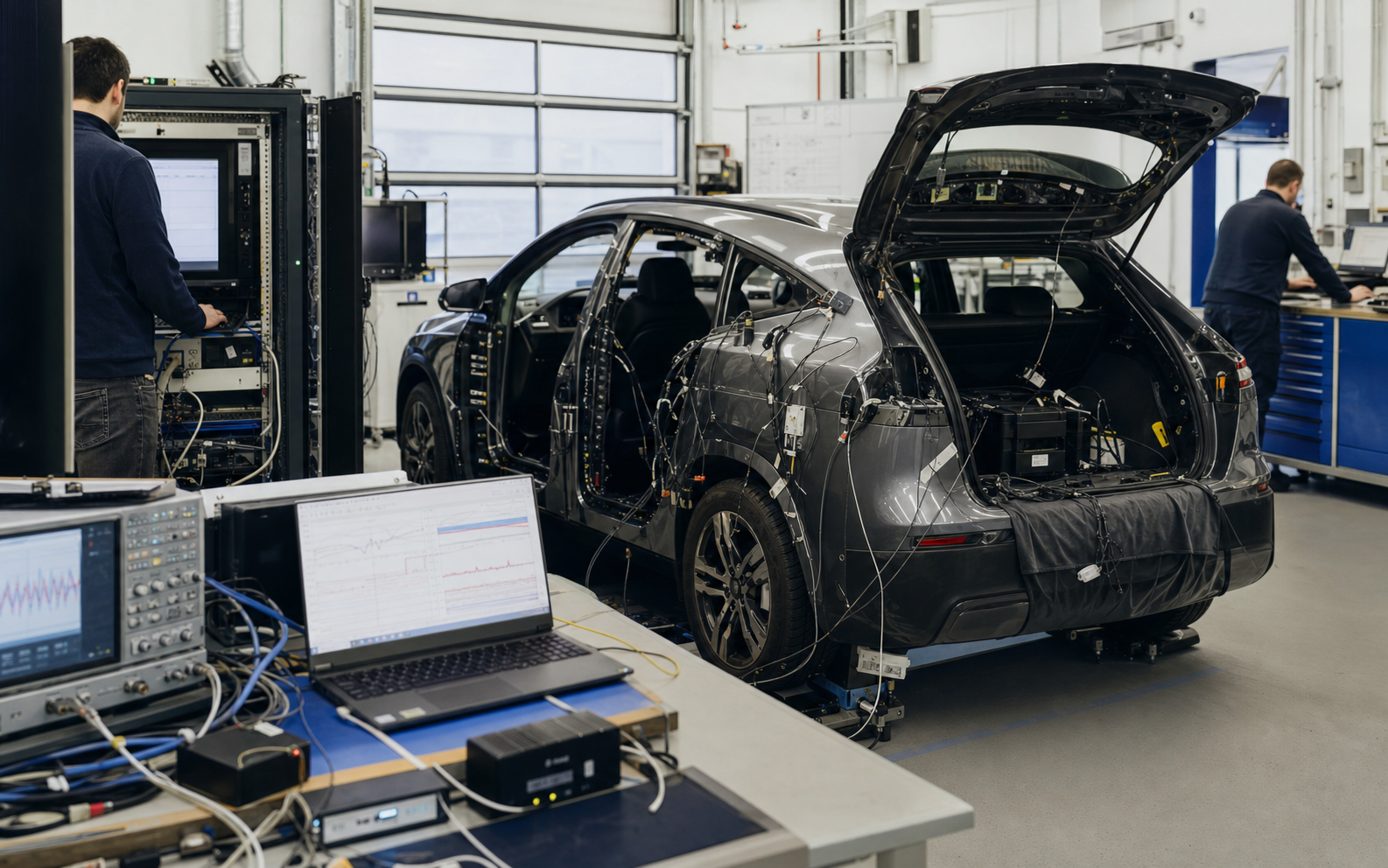 Instrumented development vehicle in an automotive integration and validation laboratory