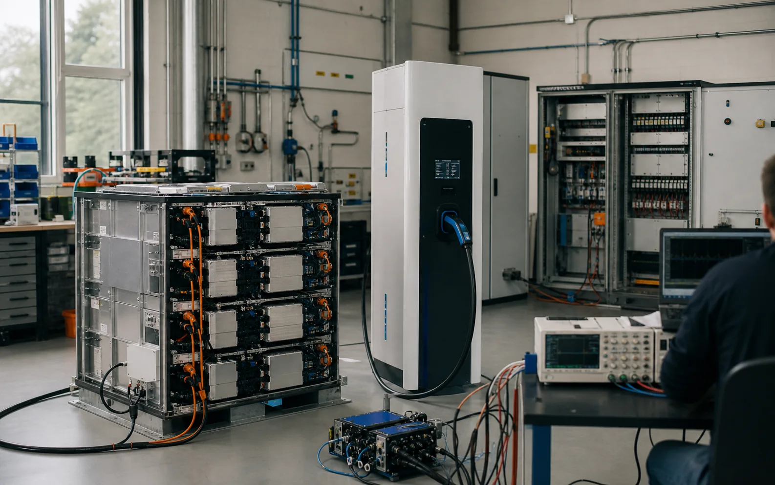 Battery storage and charging equipment in an electrification test laboratory