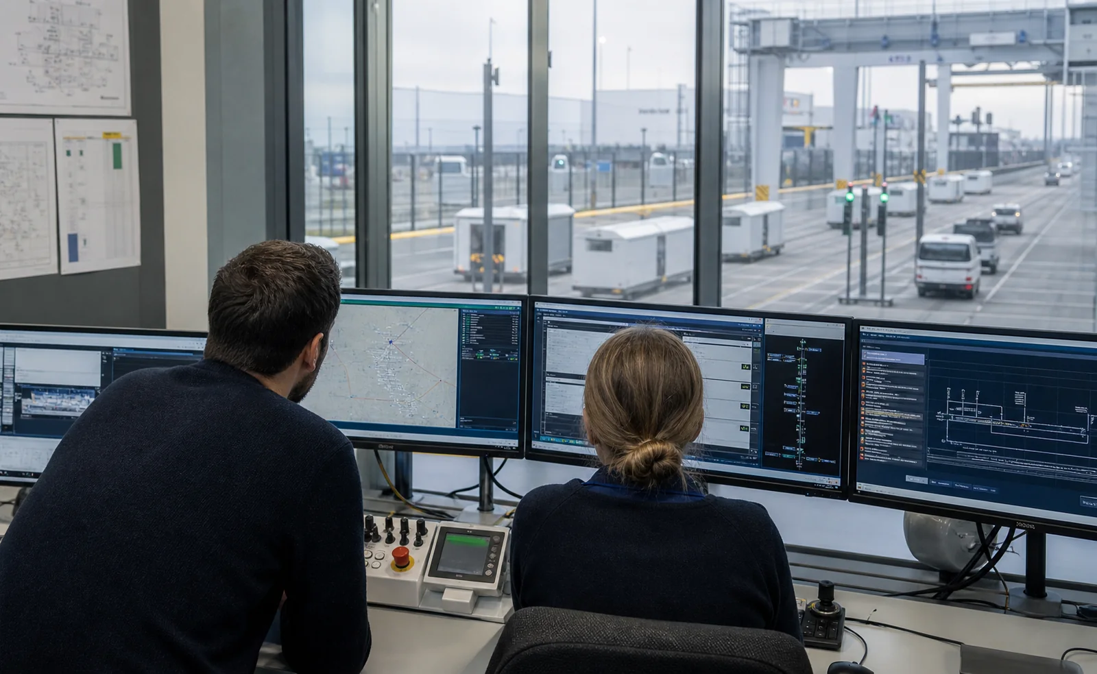 Engineers coordinating a connected transport and logistics system