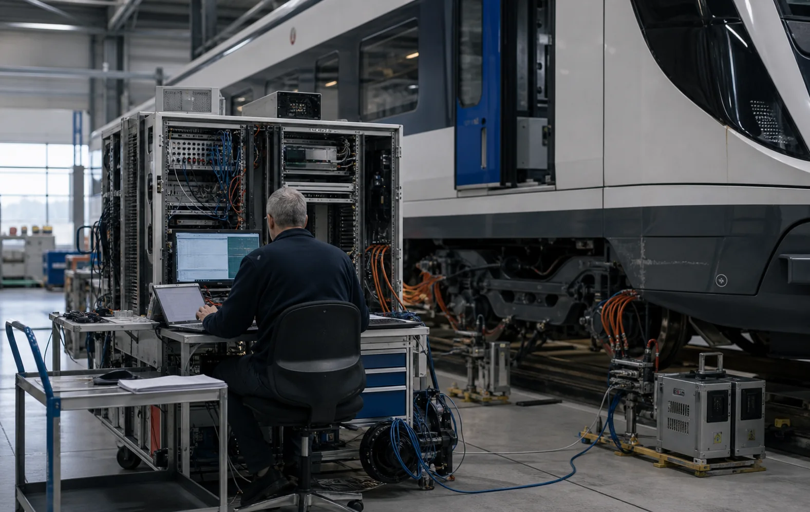 Rail vehicle connected to integration and diagnostic equipment in a test hall